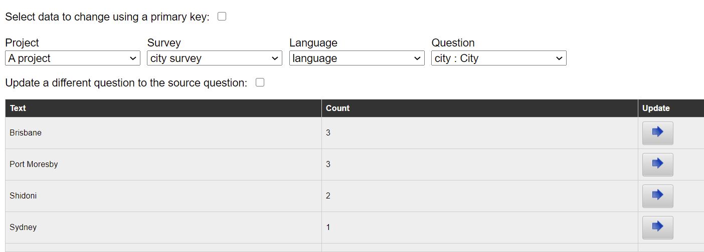 A text question selected for cleaning showing some data with different spelling.