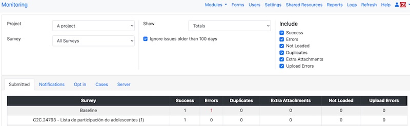 The monitoring page showing an error in a submission
